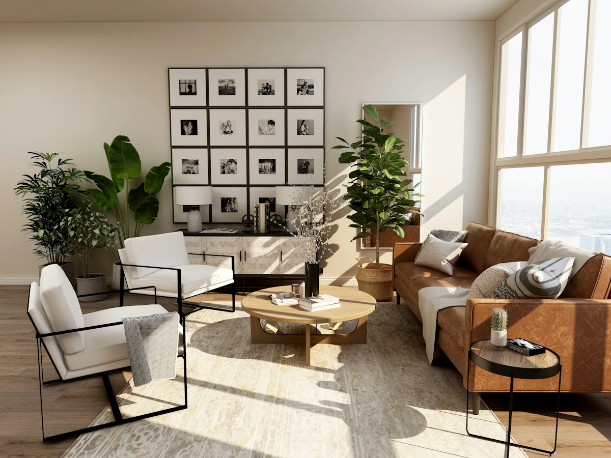 Elegant residential living room with warm neutral textures