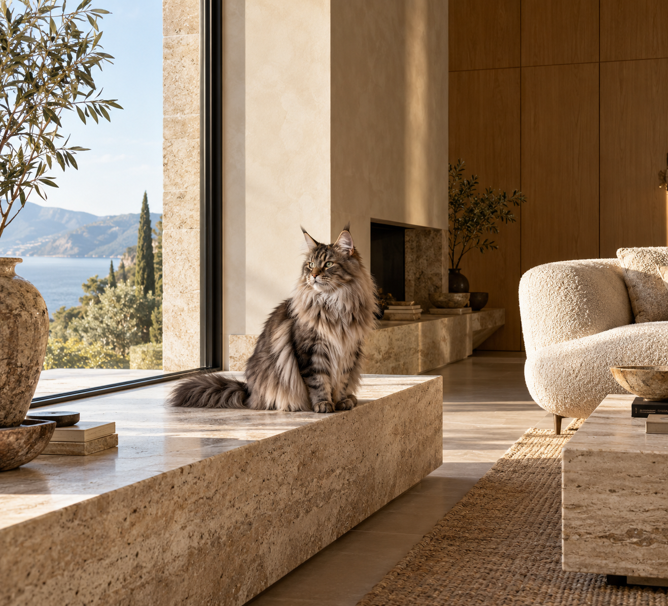A Maine Coon cat resting on a travertine ledge in a refined oak and stone interior